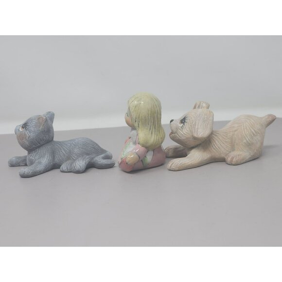 Vintage Ceramic Figurines Set Of 3: Girl With Dog & Cat Collectible Home Decor - Picture 3 of 10